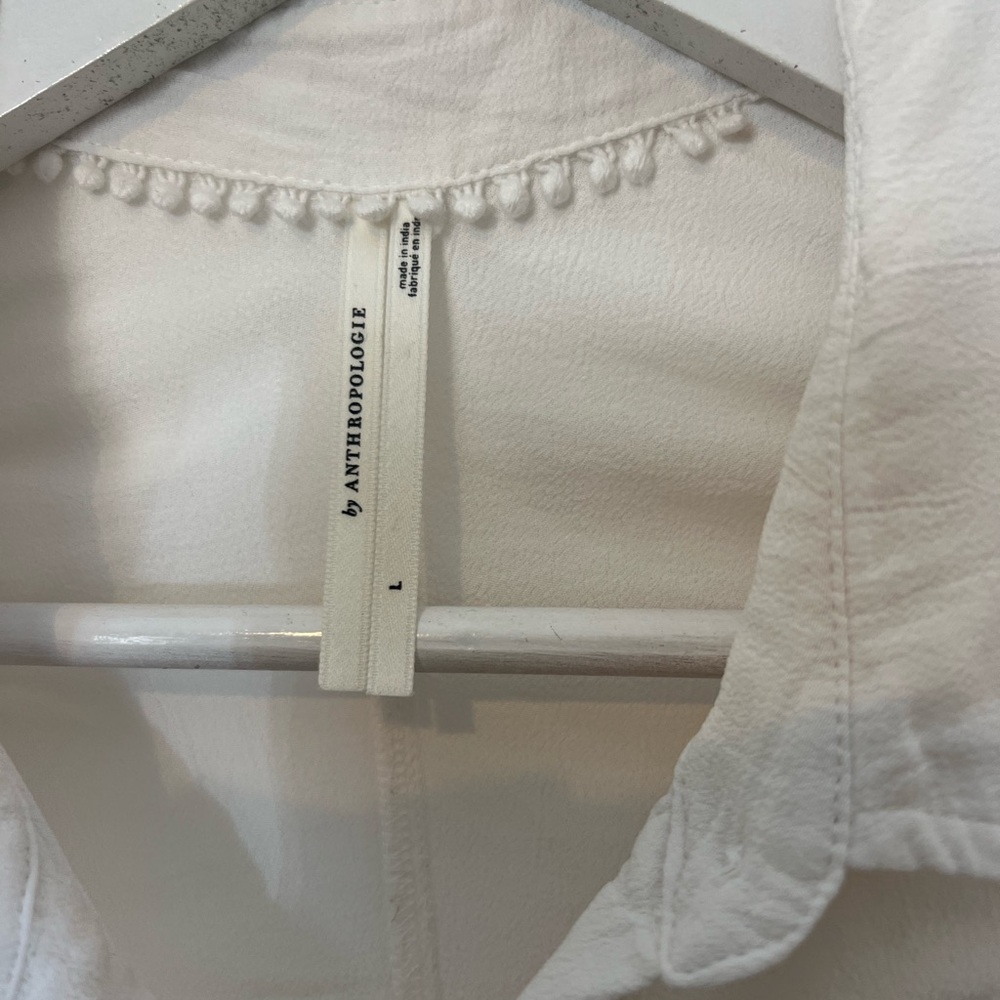 Anthropologie long sleeve shirred Cream Button-Down Shirt - Picture 6 of 8
